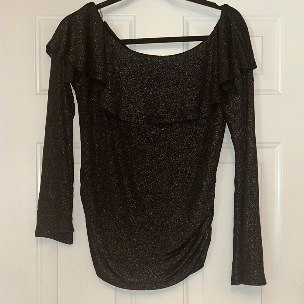 By & By Glitter Off the Shoulder Ruffle Top M Black/Silver Shimmer Glam Holiday